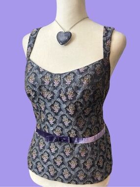 Vintage Nanette Lepore Tapestry Brocade Top Size 8 Velvet Bow Detail Purple